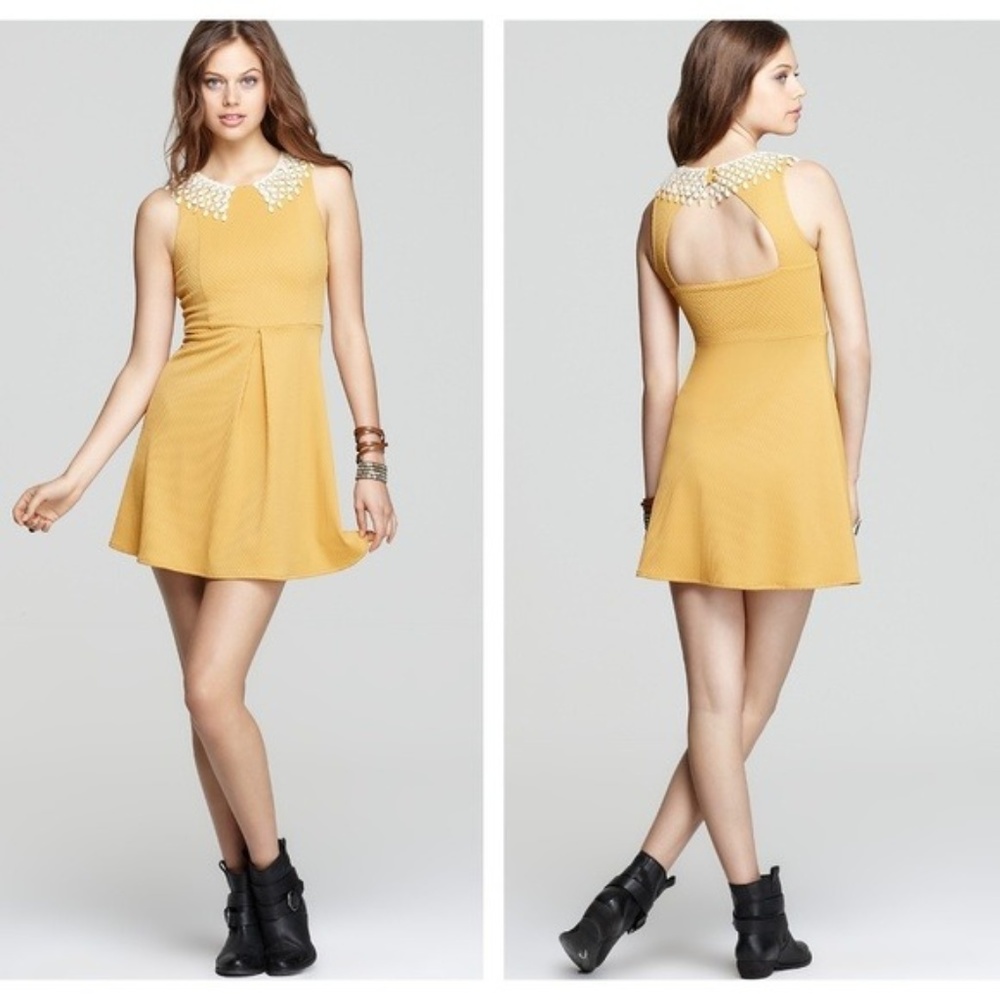 Free People Mustard Yellow Crochet Collar Dress